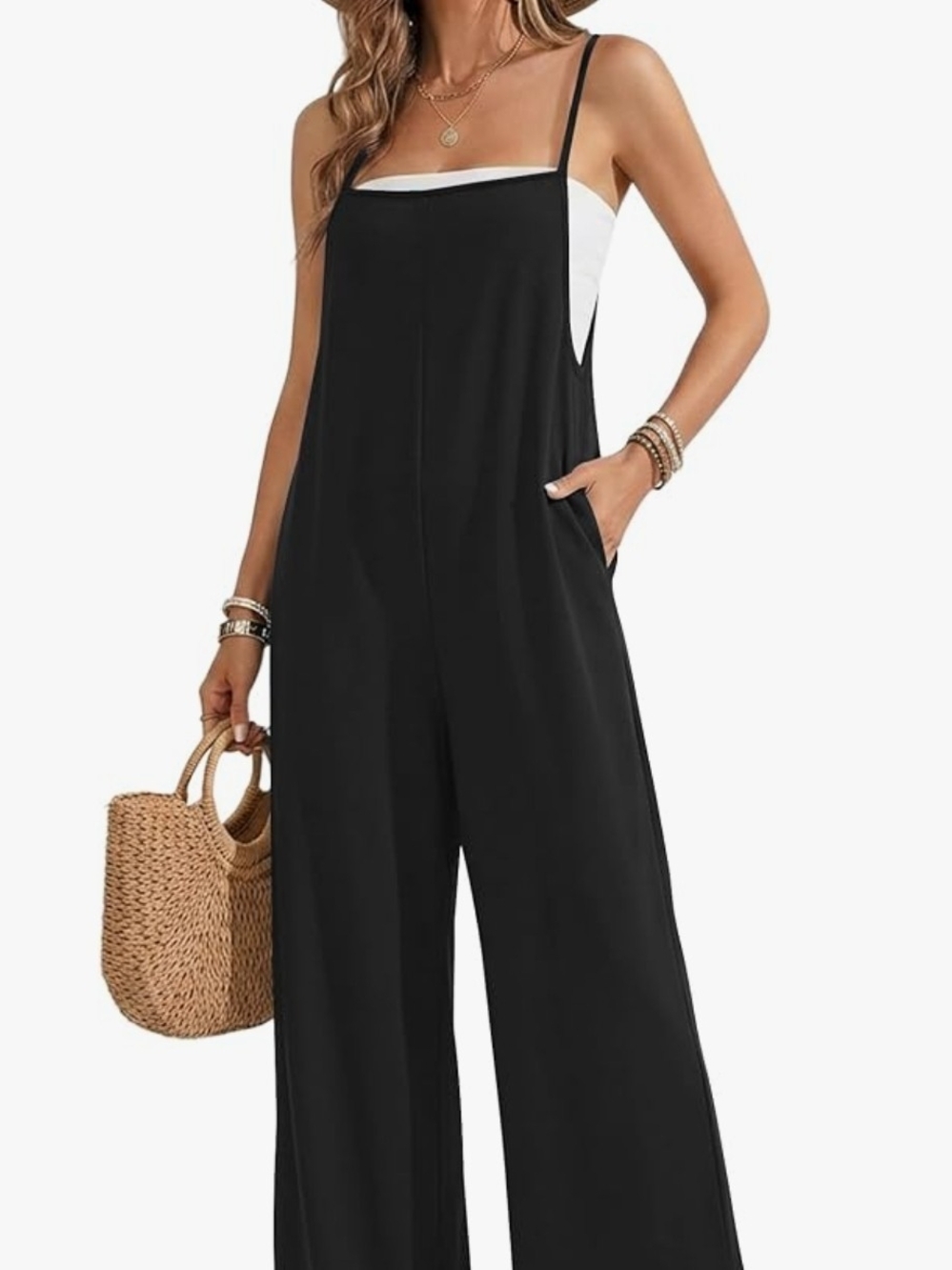 Minimalist Black Linen Wide-Leg Spaghetti Strap Jumpsuit